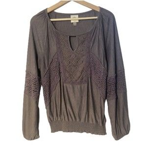 Knox Rose Blouse Top Purple Crochet Lace Peplum Long Sleeve Keyhole Peasant Med